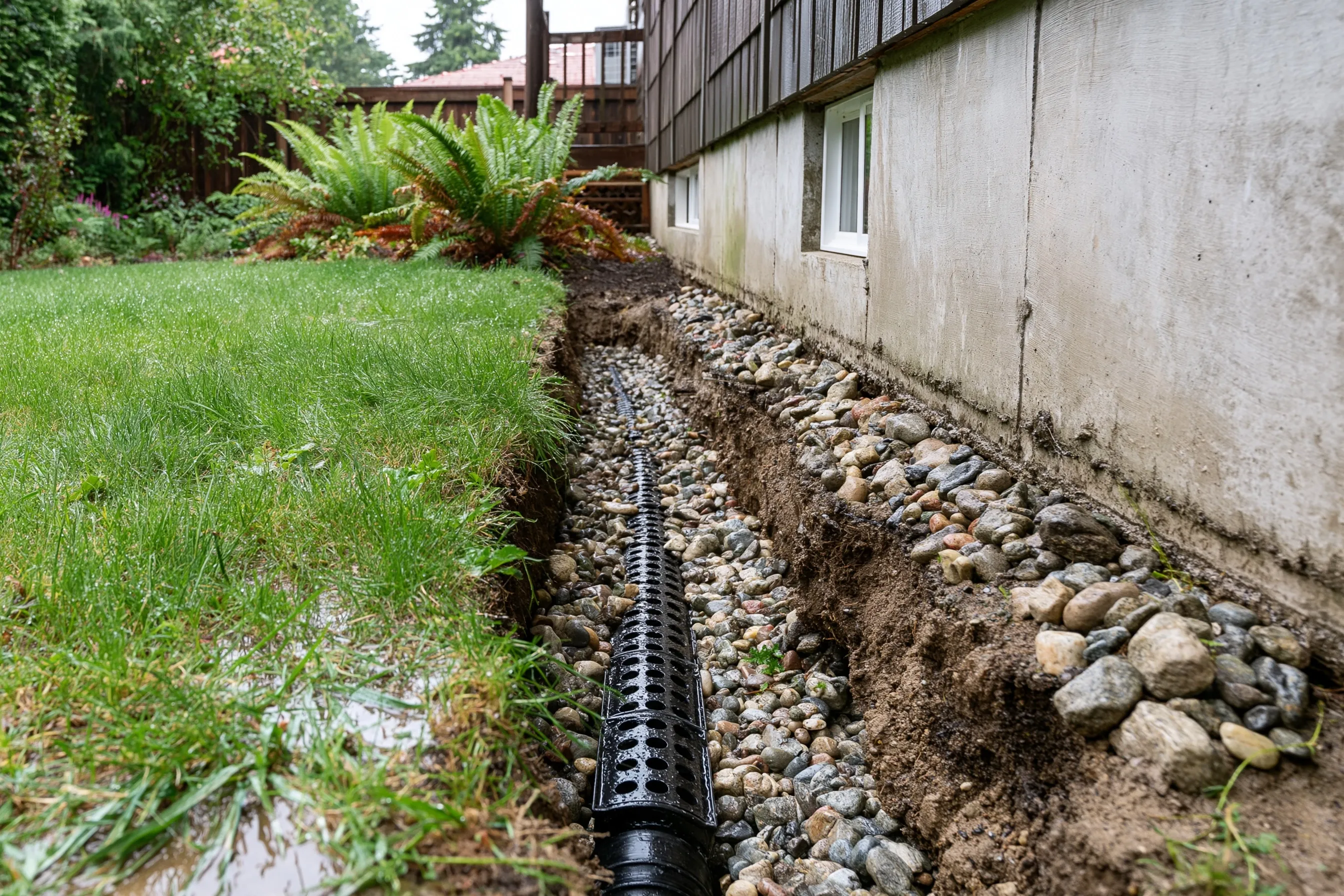 Narrow trench along the outside of a concrete foundation wall with a perforated drain pipe laid in washed gravel at footing level, wet lawn and sword ferns beside it
